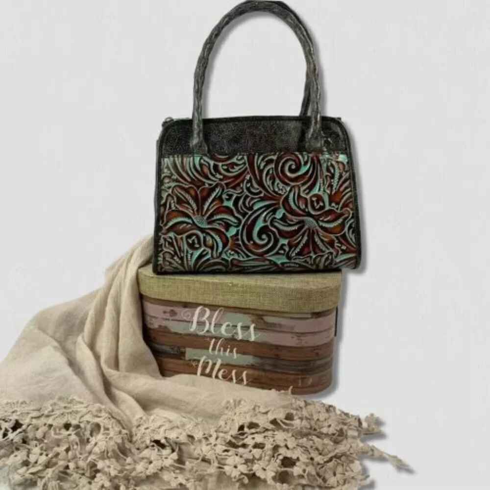 Patricia Nash Paris Satchel Handbag Twisted Rope Handle Leather Brown/Turquoise